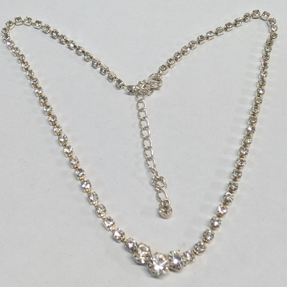 Vintage Clear Rhinestone Tennis 19" Necklace Silver Tone Crystal Wedding Prom